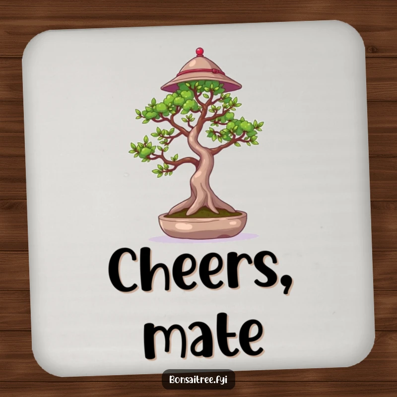 Funny drink coaster featuring a bonsai tree wearing a small hat and waving a branch, adding charming and humorous protection.