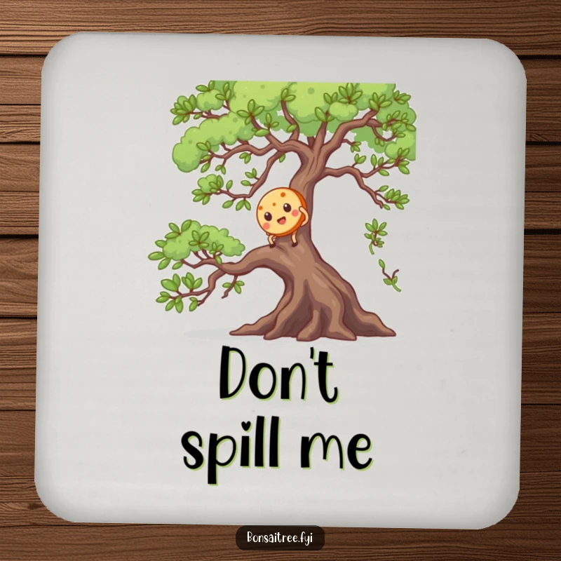 Funny drink coaster showcasing a cookie character's amusing attempt to climb a bonsai tree, protecting surfaces with humor.