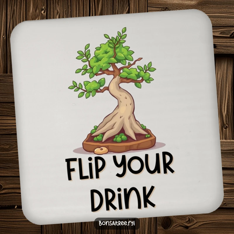 Funny bonsai tree character attempting a silly little somersault, guarding drinks with humor on a coaster.
