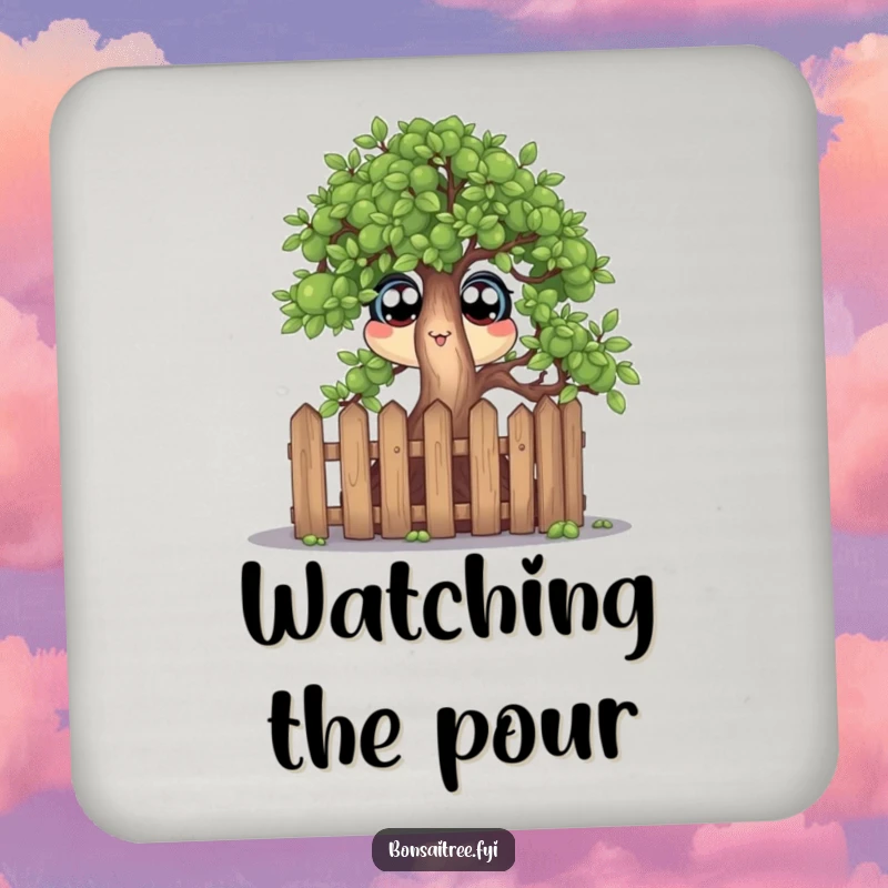 Funny set of drink coasters featuring a bonsai tree character with wide eyes peeking over a small fence, protecting surfaces with humor.
