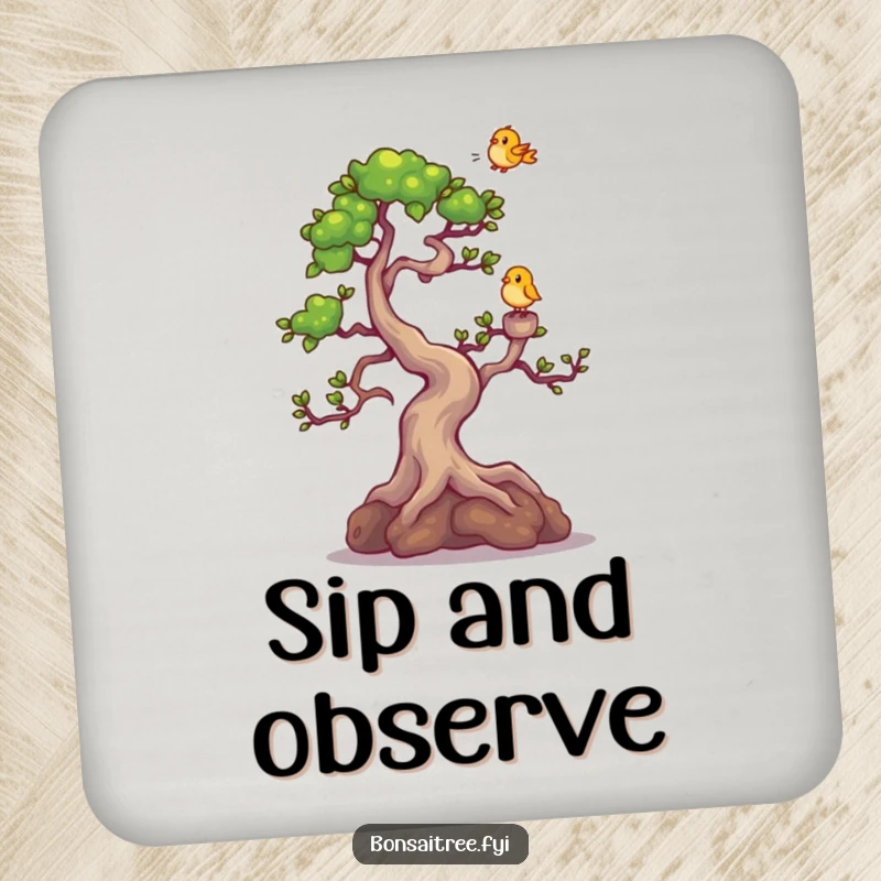 Funny Bonsai Tree Coaster: A joyful bonsai character giggling as a tiny bird lands on its branch, adding humor to tabletops.