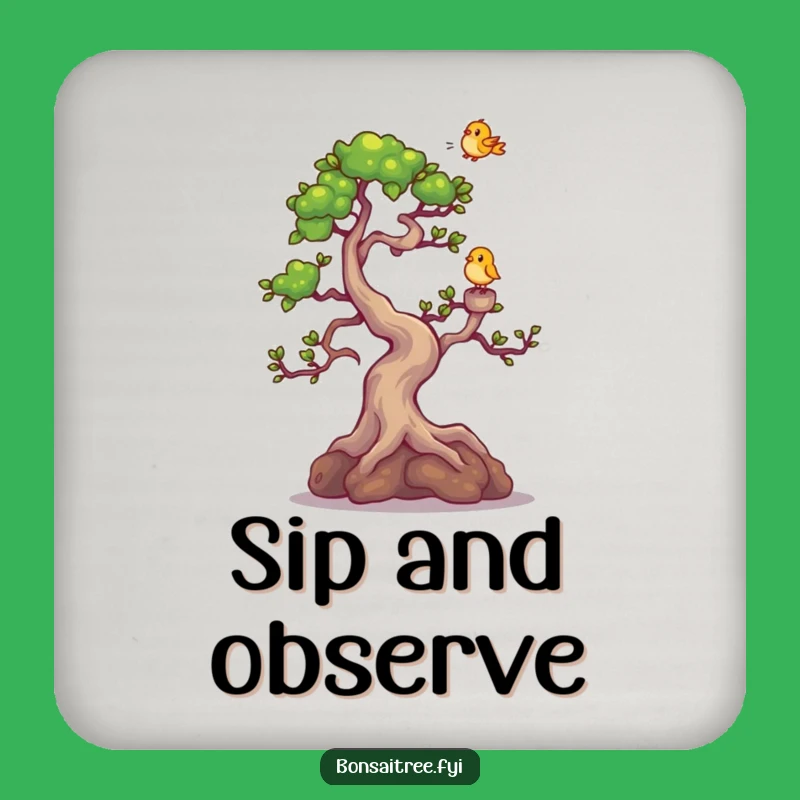 Funny Bonsai Giggling Coaster - Protect Surfaces with Tree & Bird Art