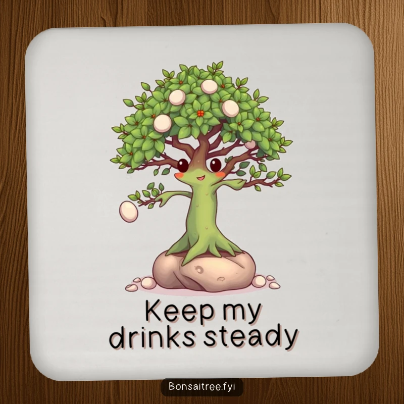 Funny Bonsai Tree Coaster: A bonsai character expertly juggling tiny pebbles with its branches, adding artistic flair to tabletops.