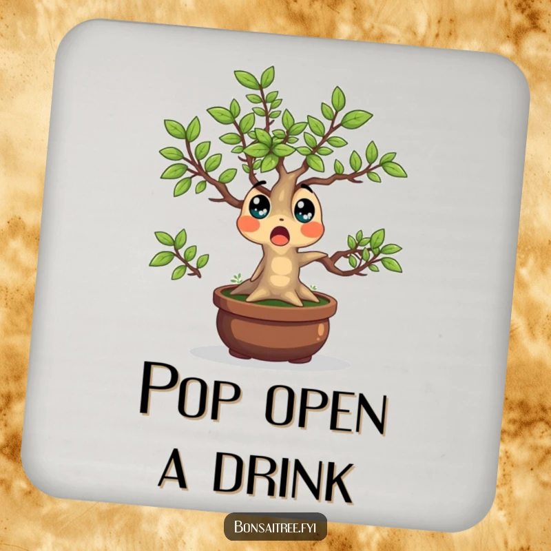 Funny Bonsai Tree Coaster with a surprised character whose leaves are popping outwards, protecting surfaces with a dose of plant humor.