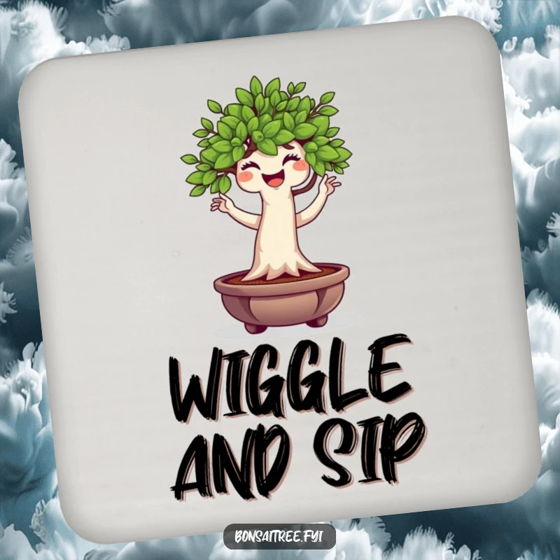 Funny Bonsai Tree Coaster with a plump character doing a wiggle dance, protecting surfaces with a dose of plant humor.