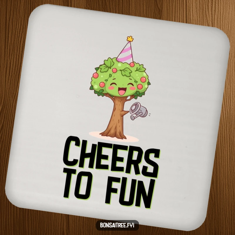 Funny drink coasters featuring a small bonsai tree in a party hat, joyfully dancing with a watering can.