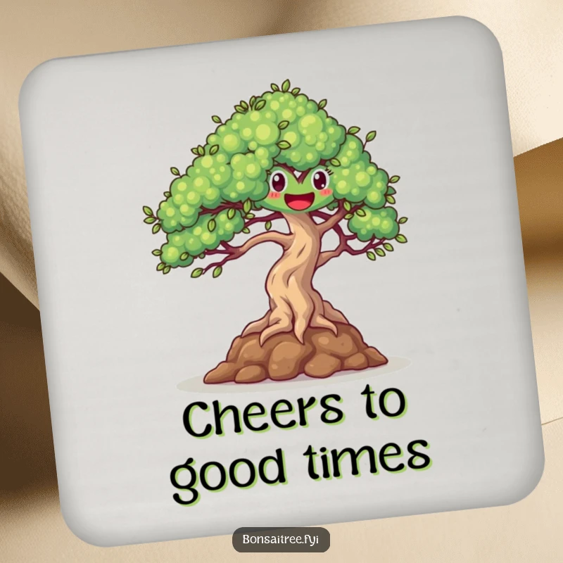 Funny drink coasters featuring a happy bonsai tree dancing in a gentle breeze, adding joyful charm to any surface.