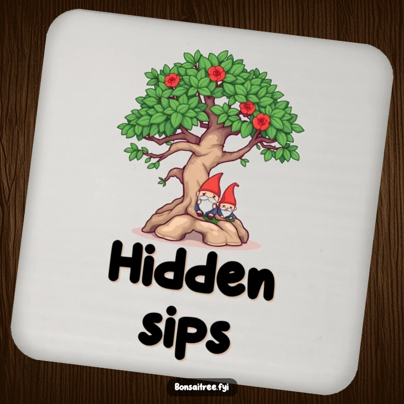 Funny mischievous bonsai winking and hiding a gnome on a drink coaster, adding witty protection with humorous charm.