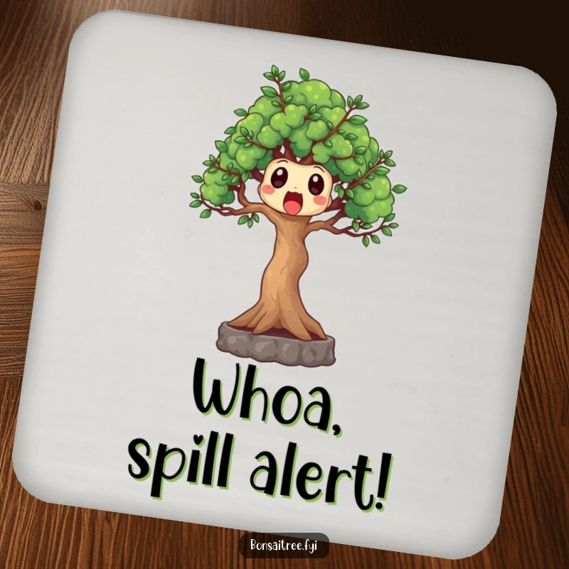 Funny surprised bonsai tree coasters, branches reaching out in shock, a humorous set of drink coasters for table protection.