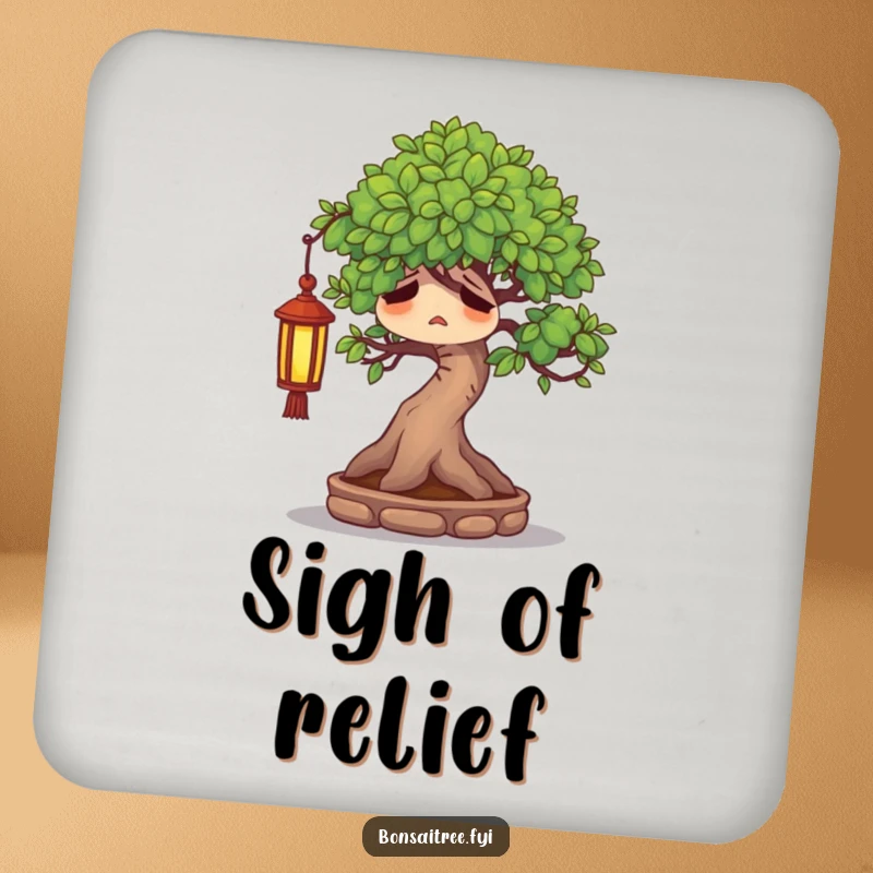 Funny weary bonsai tree character sighing contentedly under a tiny lantern, guarding drinks peacefully on a coaster.