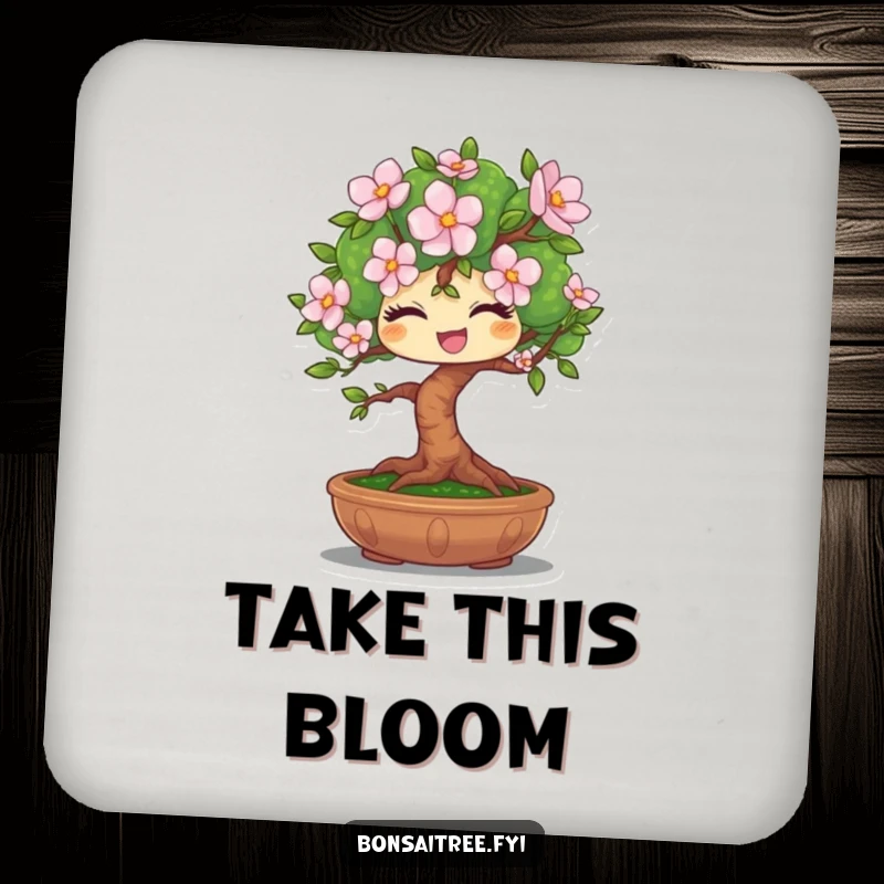 Funny drink coaster featuring a winking bonsai tree character offering a single flower, protecting surfaces with humor.