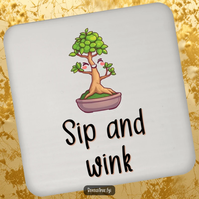 Funny set of drink coasters featuring a winking bonsai tree, protecting surfaces with style and humor.