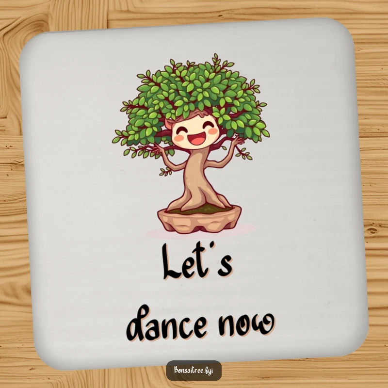 Funny drink coaster featuring a joyful bonsai tree character dancing with a breeze, protecting surfaces with cheerful motion.
