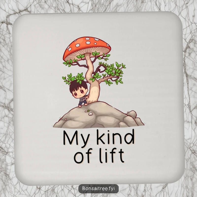 Funny bonsai character pushing a large mushroom uphill on a drink coaster, adding humor and protection to surfaces.