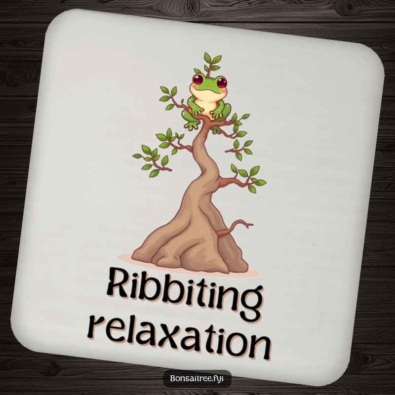 Funny drink coasters showcasing a playful bonsai tree character balancing a frog on its highest branch. Adds charm and protection.