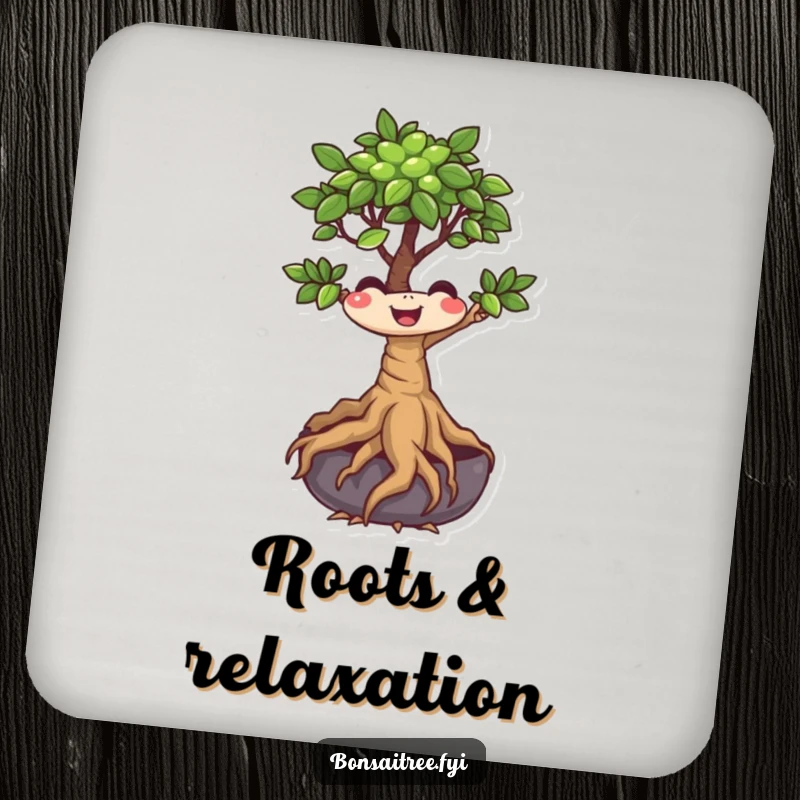 Funny Bonsai Tree Coaster with a smiling character whose roots are wiggling, protecting surfaces with a dose of plant humor.