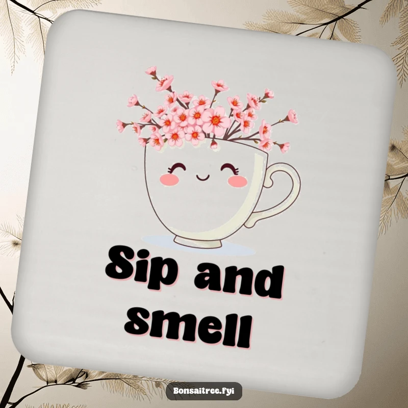 Funny drink coaster with a teacup character brimming with miniature cherry blossoms, adding floral charm and humor to tables.