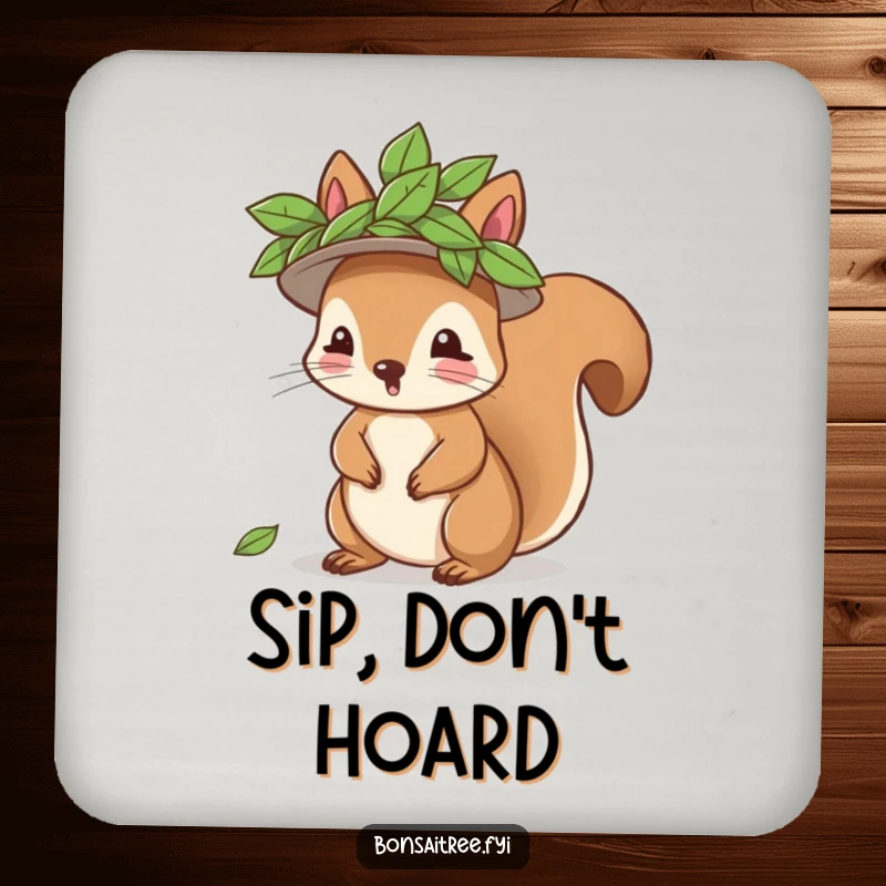 Funny playful squirrel character wearing a leaf hat on a drink coaster, adding woodland charm to home decor, a humorous and practical item.