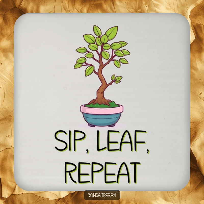 Funny set of drink coasters featuring a happy bonsai tree character offering a single, perfect leaf, protecting surfaces with humor.