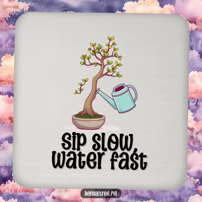 Funny coaster showing a small bonsai tree comically attempting to lift a comically large watering can, a humorous surface protector.