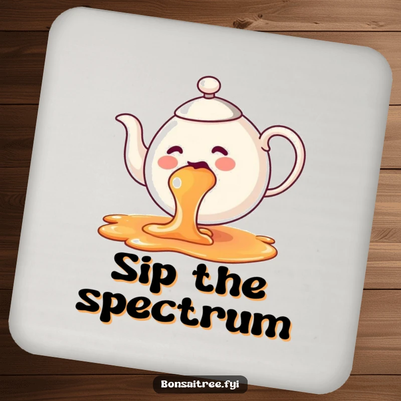 Funny teapot coaster, vividly spilling a rainbow of tea, adding playful and colorful protection to surfaces.