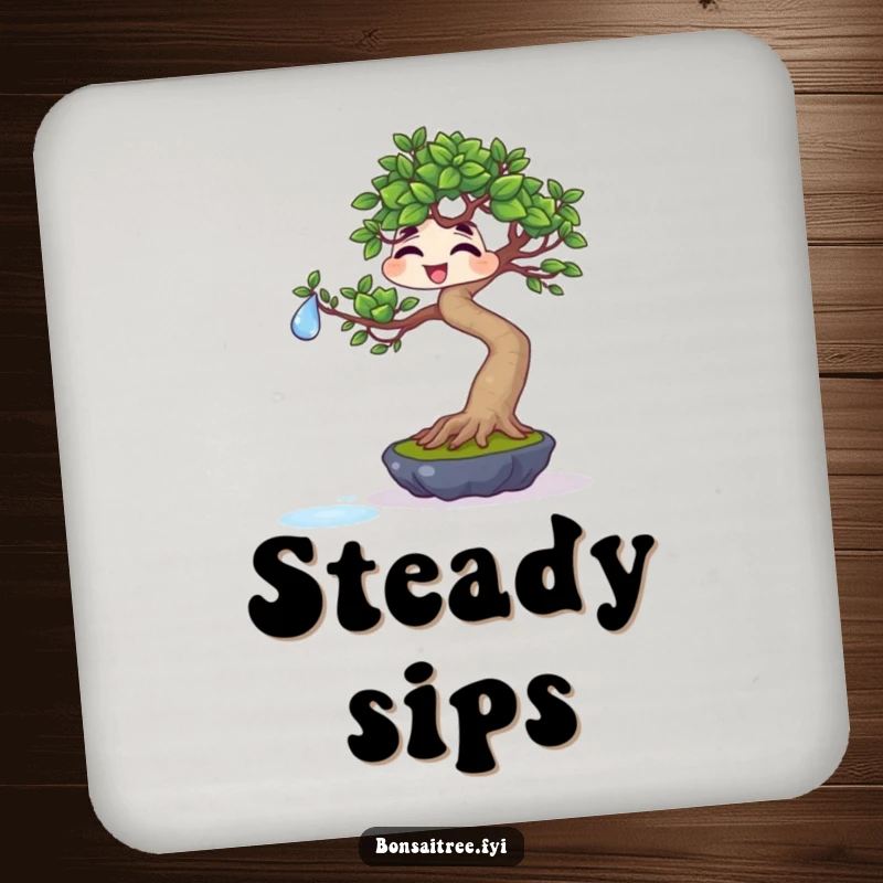 Funny giggling bonsai balancing a water droplet on a leaf on a drink coaster, adding precise protection with humorous charm.