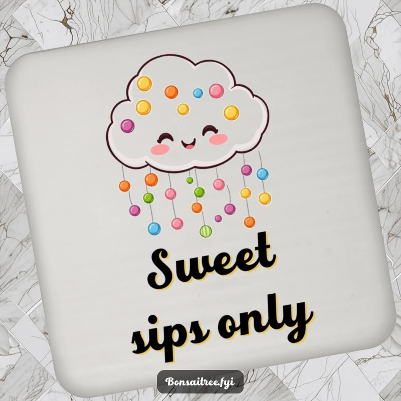 Funny cloud coaster, joyfully raining colorful candy drops, adding sweet and whimsical protection to surfaces.