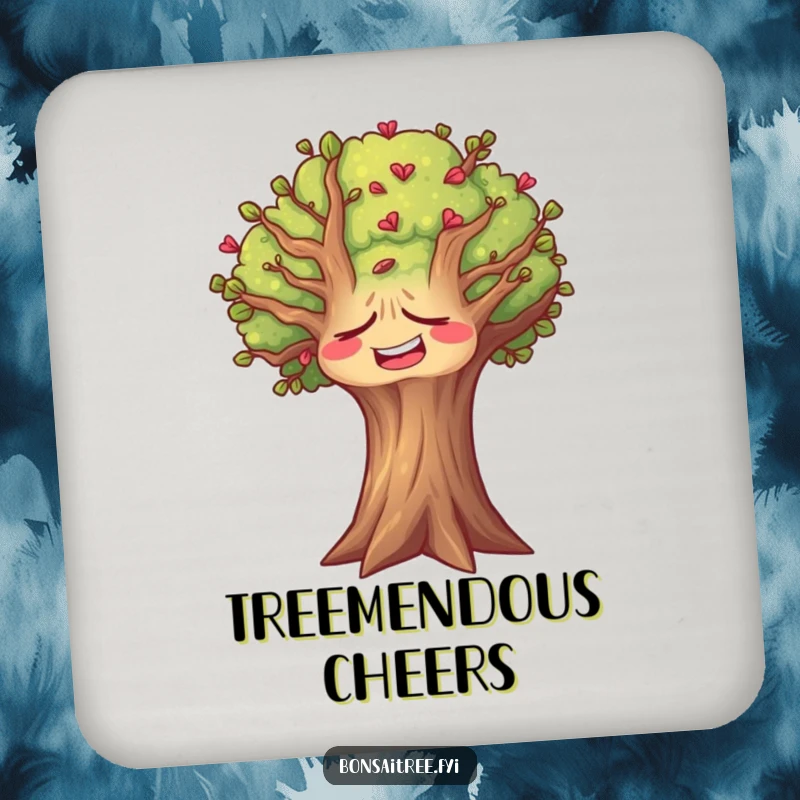 Funny tree coasters depicting a tree with a face contorted in a silent laugh, adding natural charm to drinks.
