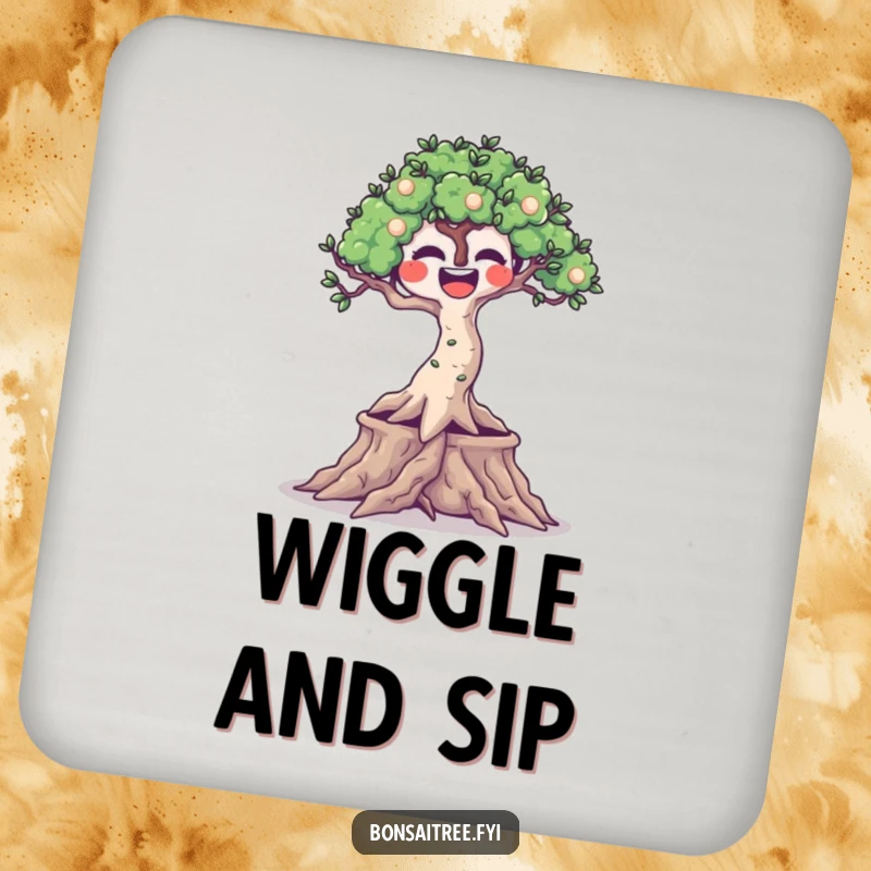 Funny set of drink coasters featuring a joyful bonsai tree with wiggling roots, protecting surfaces with humor and cheer.