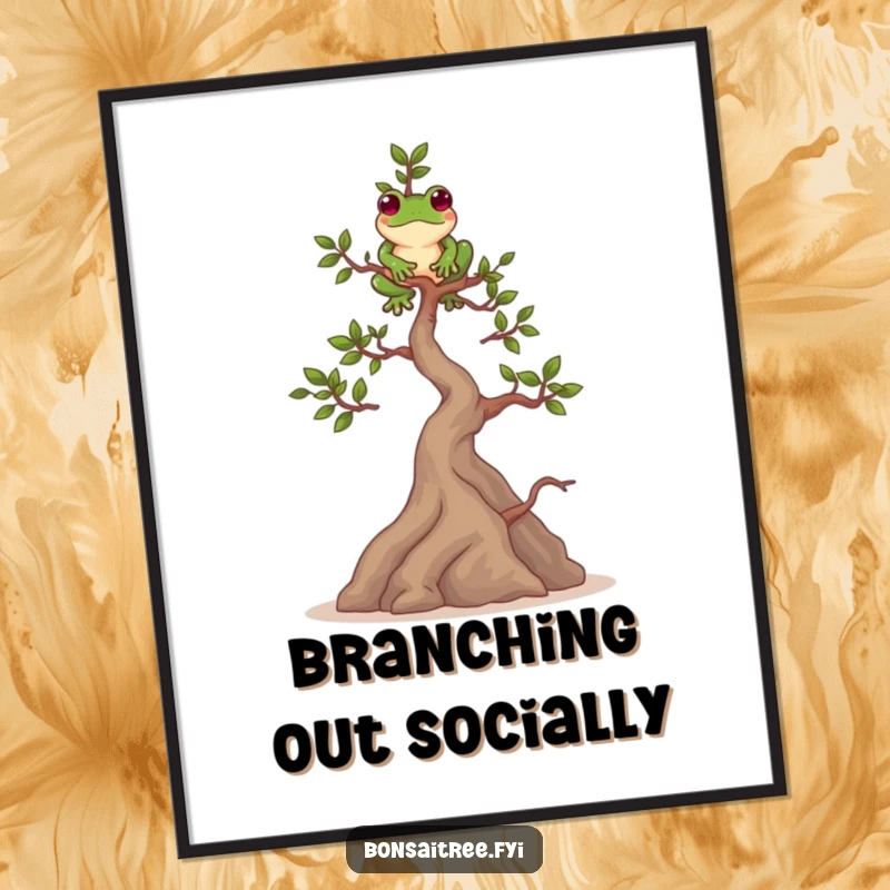 Funny poster illustrating a playful bonsai tree character balancing a green frog on its highest branch. Serene and humorous art.