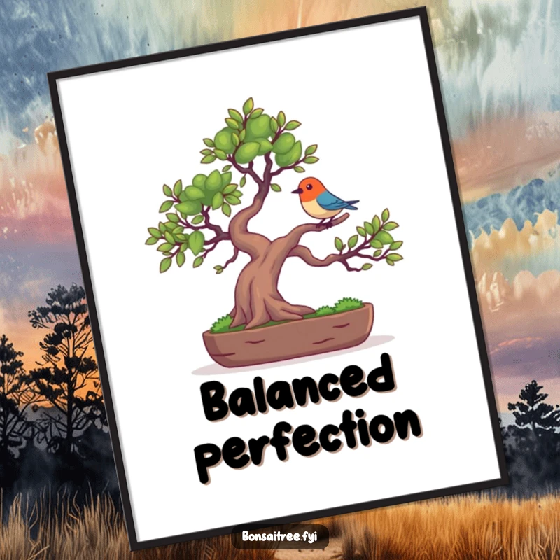 Funny wall art poster of a bonsai tree character balancing a tiny, colorful bird on its branch, depicting nature and humor.