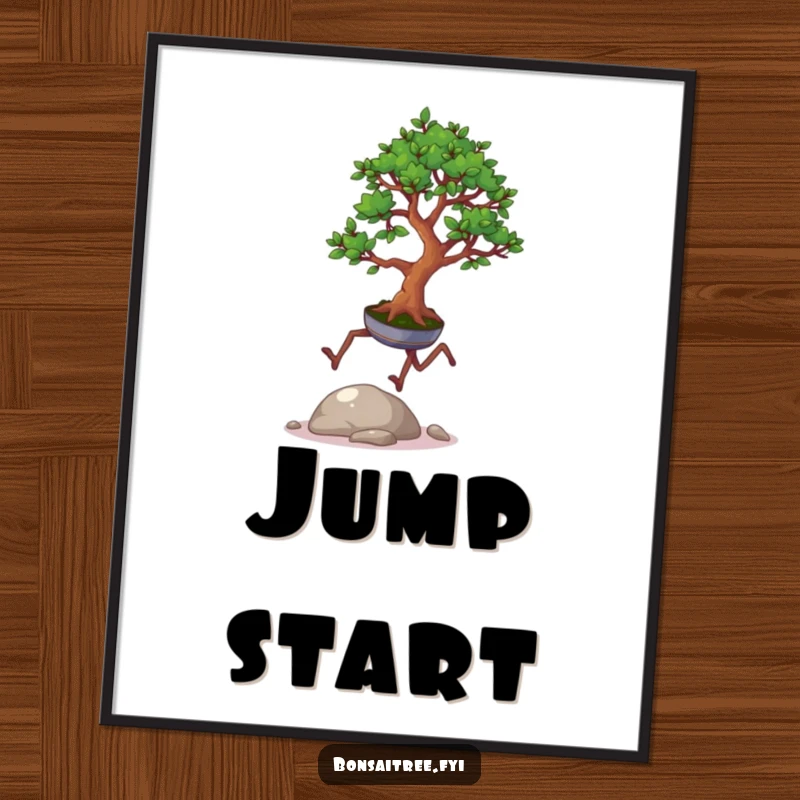 Funny poster art depicting a bonsai tree with legs joyfully hopping over a small pebble, adding a dynamic and humorous element.