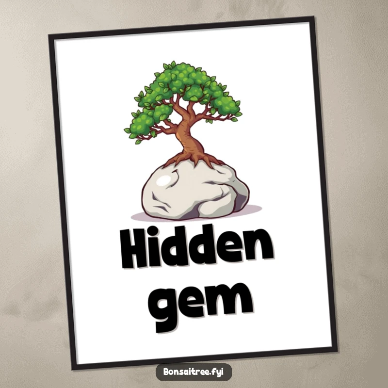 Funny poster art depicting a bonsai tree with wide eyes peeking from behind a miniature rock, creating a charming and intriguing wall piece.