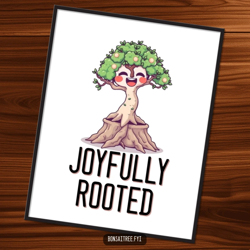 Funny wall art poster of a joyful bonsai tree with wiggling roots, conveying pure happiness and humor for decor.