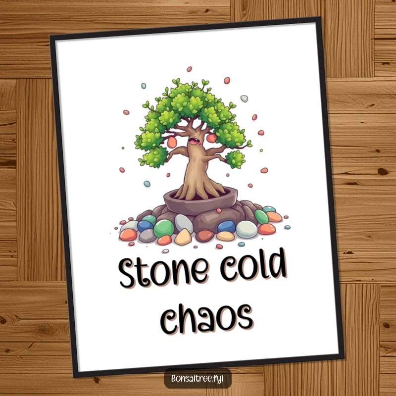 Funny poster illustrating a giggling bonsai tree character joyfully scattering tiny painted stones. Whimsical and delightful art.