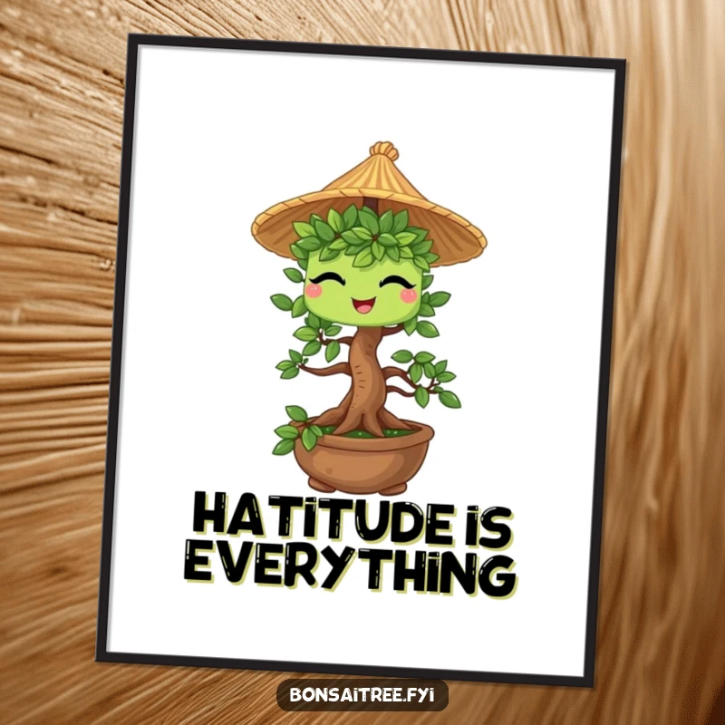 Funny Bonsai Tree Poster: An illustration of a cute bonsai character winking slyly while wearing a miniature straw hat, exuding playful charm.