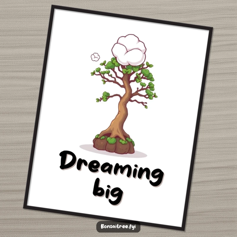 Funny poster of a curious bonsai tree character gazing at a cotton ball, creating a charming and humorous piece of wall art.
