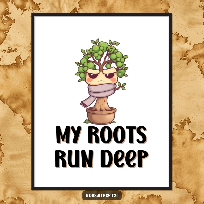 Funny grumpy bonsai tree character wearing a tiny scarf, looking annoyed, displayed as wall art, a humorous decoration.