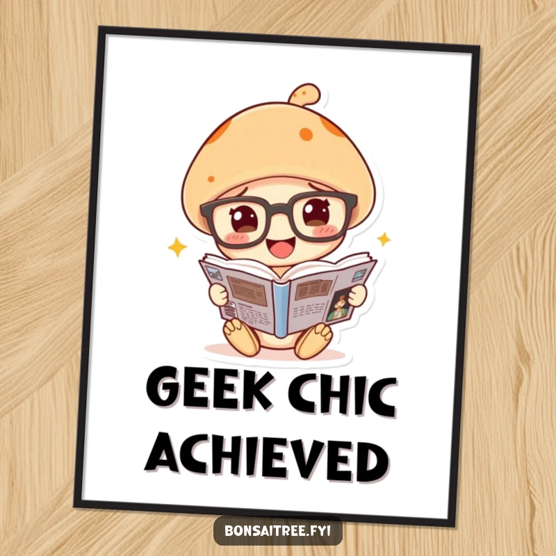 Funny mushroom character poster, wearing spectacles, engrossed in a comic book, exuding intellectual charm and humor.