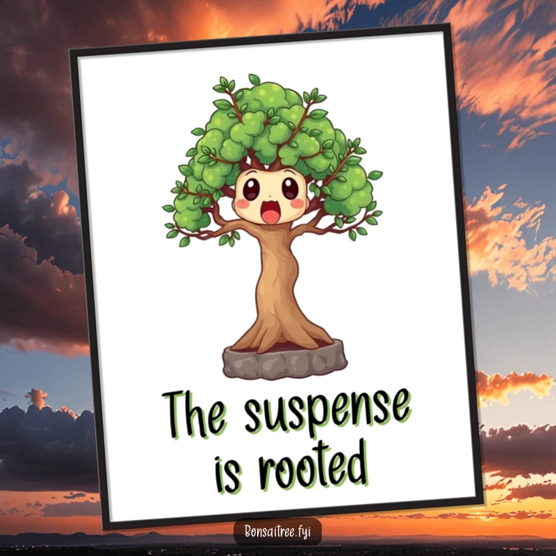 Funny surprised bonsai tree poster with outstretched branches, a humorous wall art piece that expresses shock and amusement.