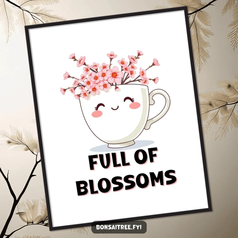 Funny poster artwork of a smiling teacup character overflowing with miniature cherry blossoms, creating a whimsical and visually appealing design.