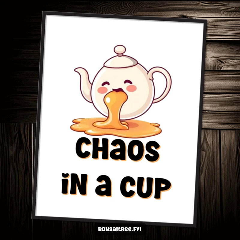 Funny teapot poster, artfully spilling a vibrant rainbow of tea, exuding playful charm and color.