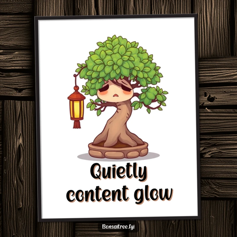Funny weary bonsai tree character sighing contentedly under a tiny lantern, creating a peaceful wall art.