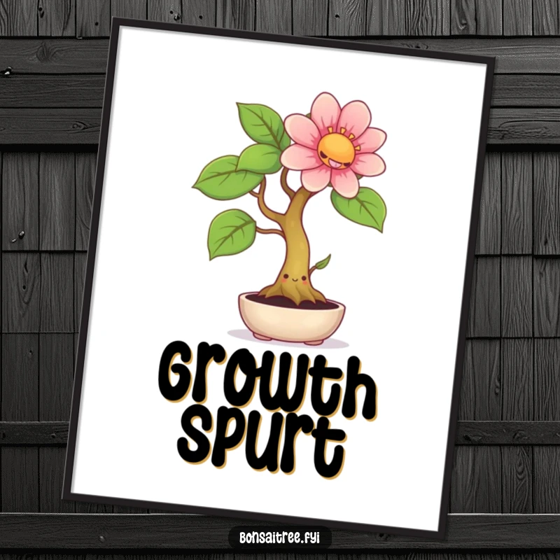 Funny poster print of a smiling bonsai tree with a contented face, sprouting an immense, vibrant flower, creating a joyful wall decoration.