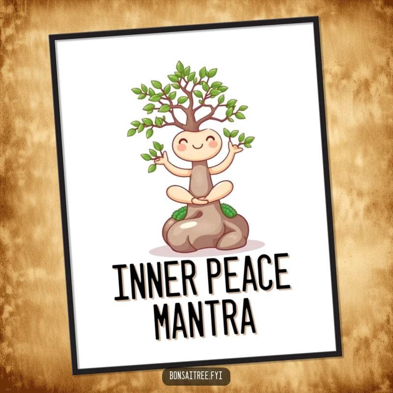 Funny poster of a smiling bonsai tree in a yoga pose, bringing peaceful humor and artistic flair to any wall space.