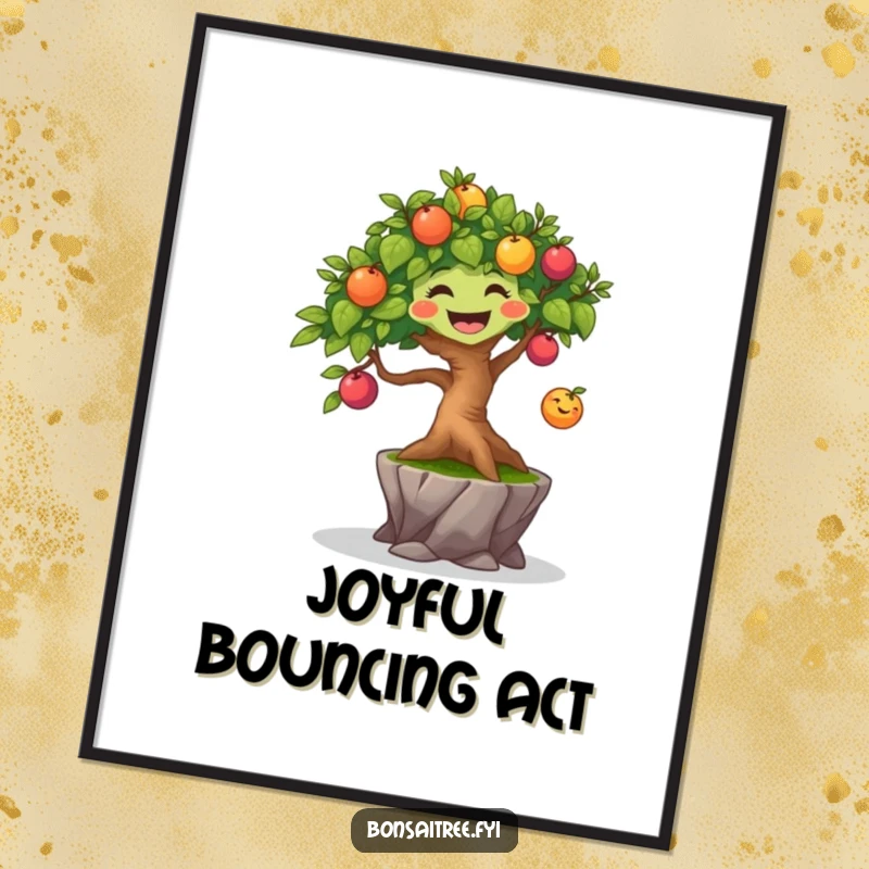 Funny joyful bonsai tree character bouncing a small, colorful fruit, creating a lively and happy piece of wall art.