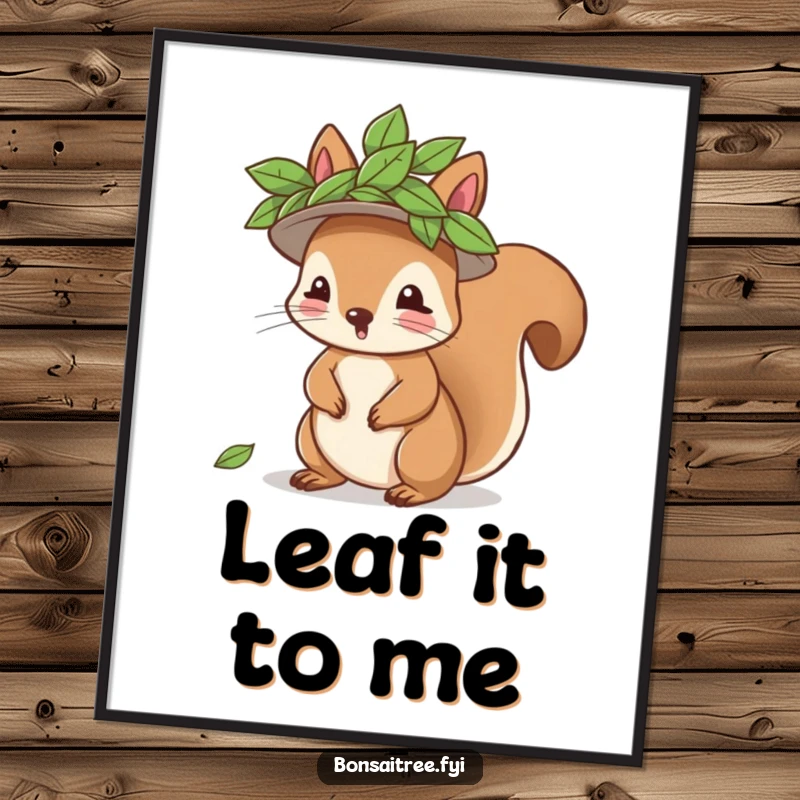 Funny playful squirrel character attempting to wear a leaf hat, depicted on a poster, adding whimsical decor, a humorous wall art.