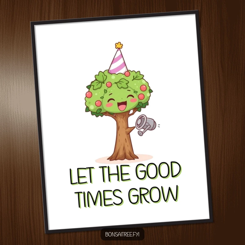 Funny poster art of a miniature bonsai tree wearing a party hat, dancing gleefully with a watering can.