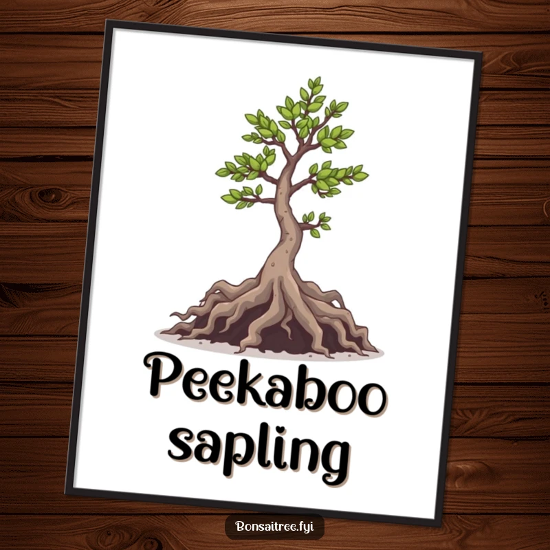 Funny poster of a mischievous bonsai tree with roots playfully peeking out, adding a whimsical and humorous touch to decor.