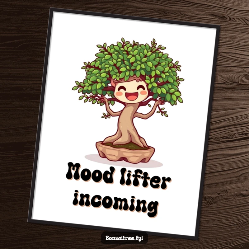 Funny poster of a joyful bonsai tree character dancing gracefully with a breeze, creating a dynamic and cheerful artwork.